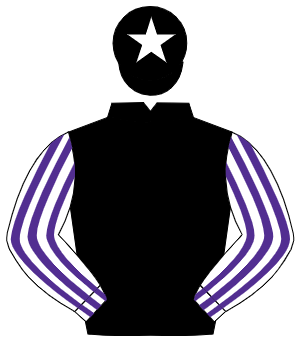 BLACK, white & purple striped sleeves, black cap, white star