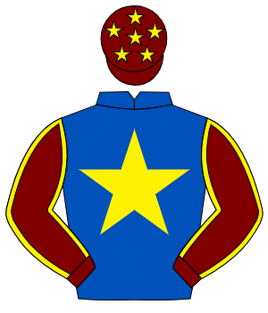 ROYAL BLUE, yellow star, maroon sleeves, yellow seams, maroon cap, yellow stars
