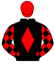 BLACK, red diamond & diamonds on sleeves, red cap