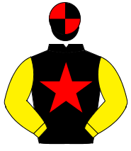 BLACK, red star, yellow sleeves, black & red quartered cap