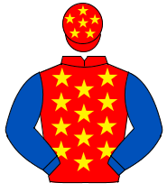 RED, yellow stars, royal blue sleeves, red cap, yellow stars                                                                                          