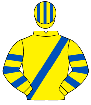 YELLOW, royal blue sash, hooped sleeves, striped cap                                                                                                  