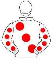 WHITE, large red spots, red spots on sleeves, white cap                                                                                               