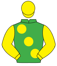 EMERALD GREEN, large yellow spots, yellow sleeves & cap                                                                                               