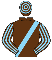 BROWN, light blue sash, striped sleeves, hooped cap                                                                                                   