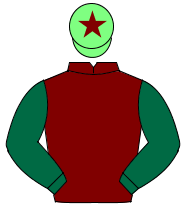 MAROON, dark green sleeves, light green cap, maroon star                                                                                              