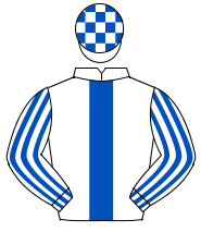 WHITE, royal blue panel, striped sleeves, check cap                                                                                                   