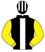 BLACK, white panel, yellow sleeves, black & white striped cap                                                                                         