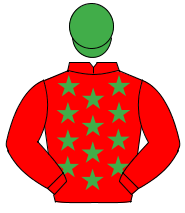 RED, emerald green stars, red sleeves, emerald green cap                                                                                              
