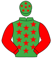 EMERALD GREEN, red stars, red sleeves, red stars on cap                                                                                               