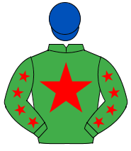EMERALD GREEN, red star, red stars on sleeves, royal blue cap                                                                                         