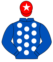 ROYAL BLUE, white spots, royal blue sleeves, red cap, white star                                                                                      