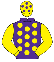 PURPLE, yellow spots, yellow sleeves, yellow cap, purple spots                                                                                        