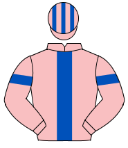 PINK, royal blue panel, royal blue armlet, striped cap                                                                                                