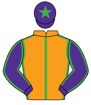 ORANGE, emerald green seams, purple sleeves, emerald green seams, purple cap, emerald green star                                                      