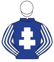 DARK BLUE, white cross of lorraine, striped sleeves, white cap