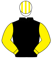 BLACK, yellow sleeves, white & yellow striped cap