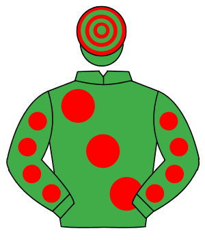 EMERALD GREEN, large red spots, red spots on sleeves, hooped cap                                                                                      