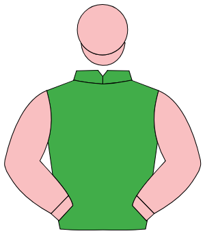 EMERALD GREEN, pink sleeves & cap