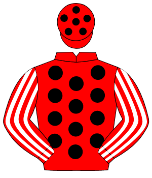 RED, black spots, red & white striped sleeves, red cap, black spots