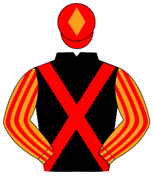BLACK, red cross sashes, orange & red striped sleeves, red cap, orange diamond                                                                        