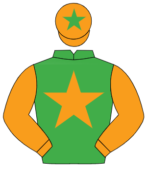 EMERALD GREEN, orange star & sleeves, orange cap, emerald green star