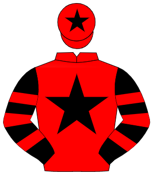 RED, black star, black & red hooped sleeves, red cap, black star
