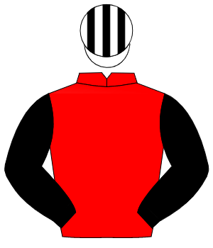 RED, black sleeves, white & black striped cap