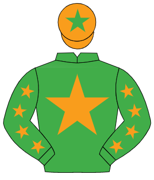 EMERALD GREEN, orange star, orange stars on sleeves, orange cap, emerald green star