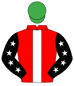RED, white panel, black sleeves, white stars, emerald green cap