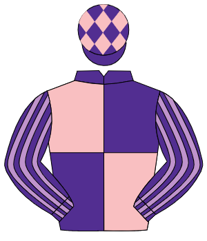 PURPLE & PINK QUARTERED, purple & mauve striped sleeves, purple cap, pink diamonds