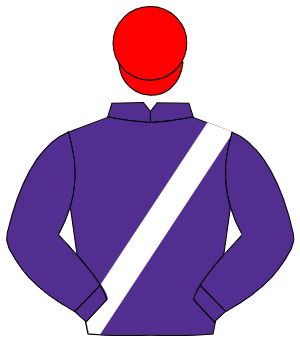 PURPLE, white sash, red cap