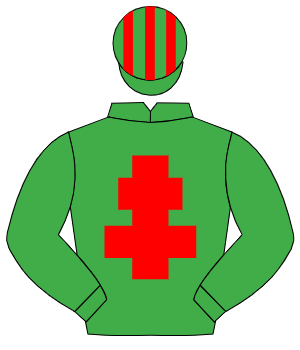 EMERALD GREEN, red cross of lorraine, striped cap