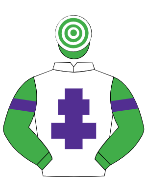 WHITE, purple cross of lorraine, emerald green sleeves, purple armlet, emerald green & white hooped cap
