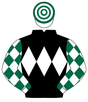 BLACK, white triple diamond, white sleeves, dark green diamonds, white & dark green hooped cap