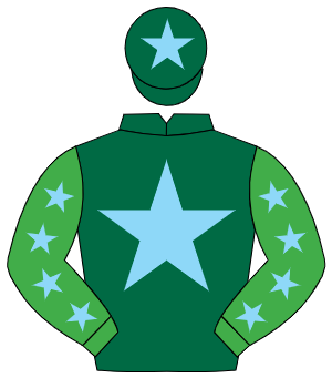 DARK GREEN, light blue star, emerald green sleeves, light blue stars, dark green cap, light blue star