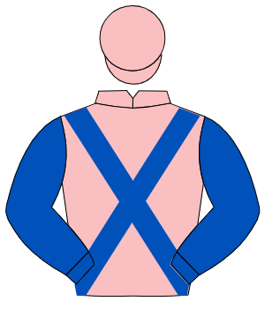 PINK, royal blue cross sashes & sleeves, pink cap