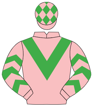 PINK, emerald green chevron, emerald green chevrons on sleeves, pink cap, emerald green diamonds