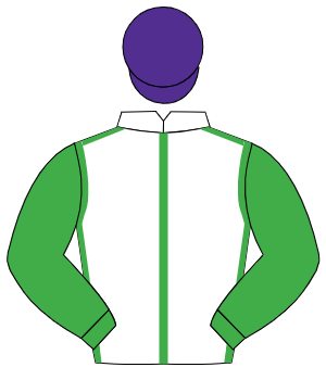 WHITE, emerald green seams, emerald green sleeves, purple cap
