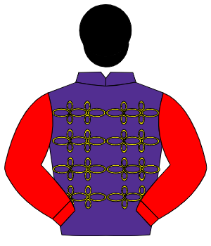 PURPLE, gold braid, scarlet sleeves, black velvet cap, gold fringe