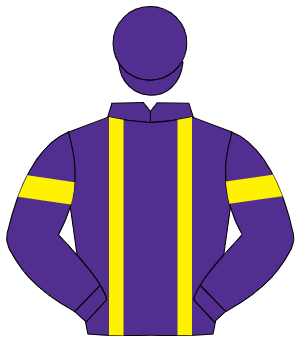 PURPLE, yellow braces, yellow armlet, purple cap