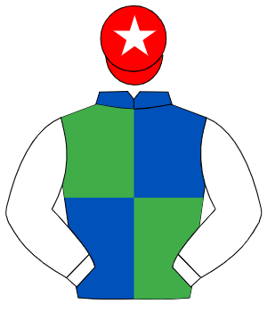 ROYAL BLUE & EMERALD GREEN QUARTERED, white sleeves, red cap, white star