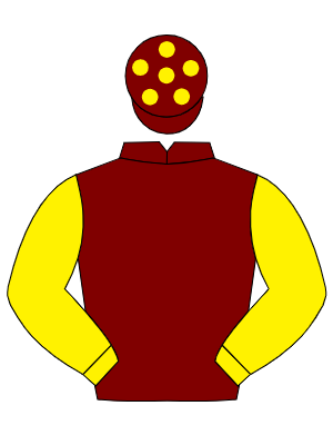 MAROON, yellow sleeves, maroon cap, yellow spots