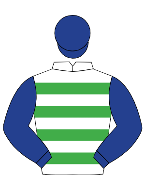WHITE, emerald green hoops, dark blue sleeves & cap