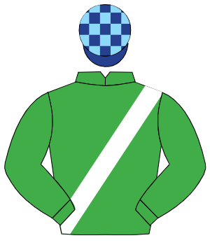 EMERALD GREEN, white sash, dark blue & light blue check cap