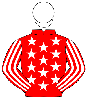 RED, white stars, striped sleeves, white cap