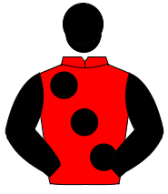 RED, large black spots, black sleeves & cap                                                                                                           