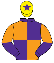 PURPLE & ORANGE QUARTERED, halved sleeves, yellow cap, purple star                                                                                    
