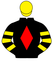 BLACK, red diamond, black & yellow hooped sleeves, yellow cap