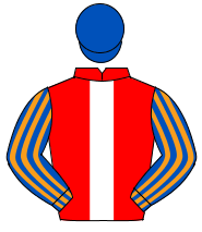 RED, white panel, royal blue sleeves, orange stripes, royal blue cap                                                                                  